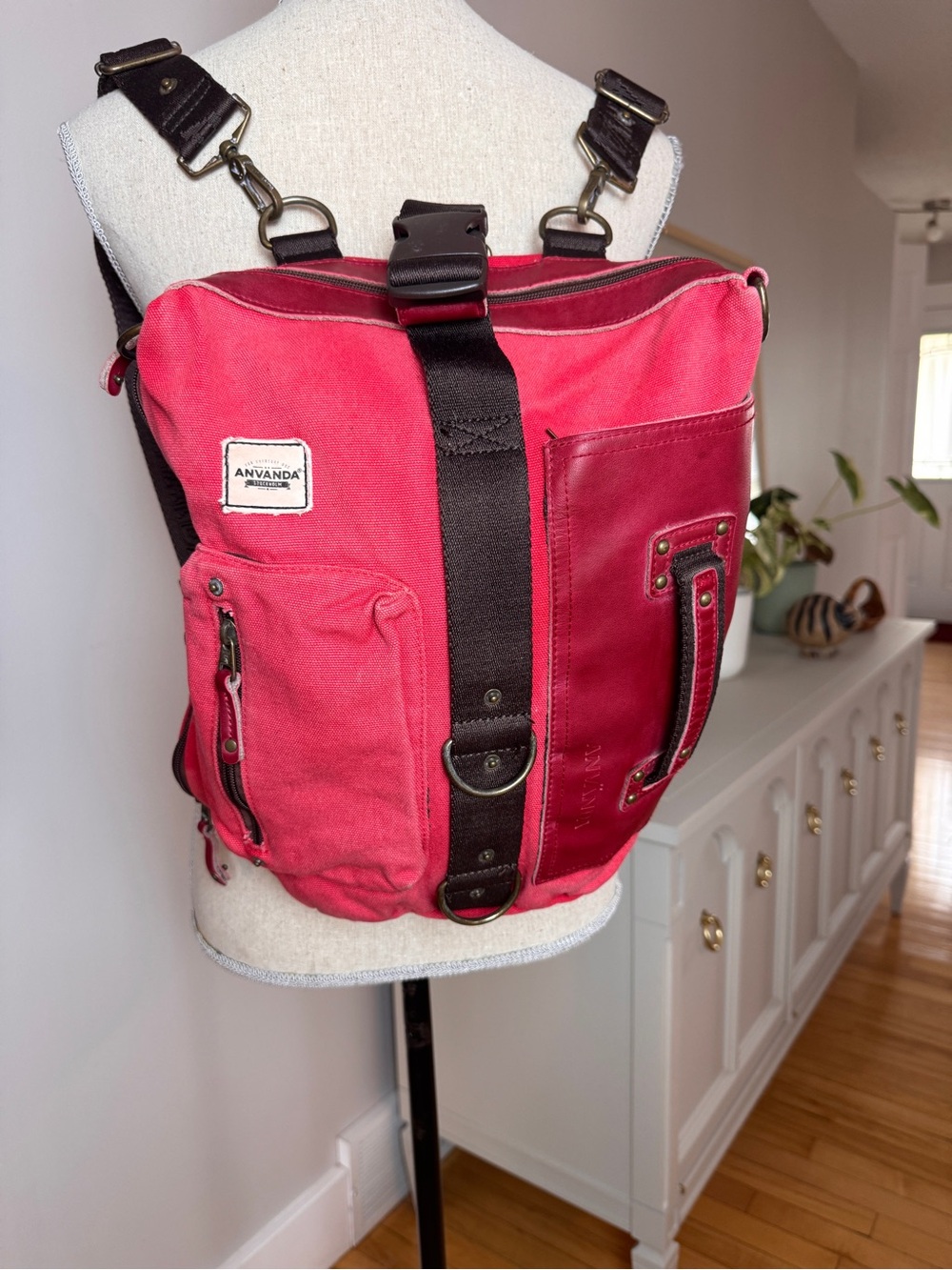 Anvanda Stockholm Red Canvas & Vegan Leather Convertible Backpack unisex